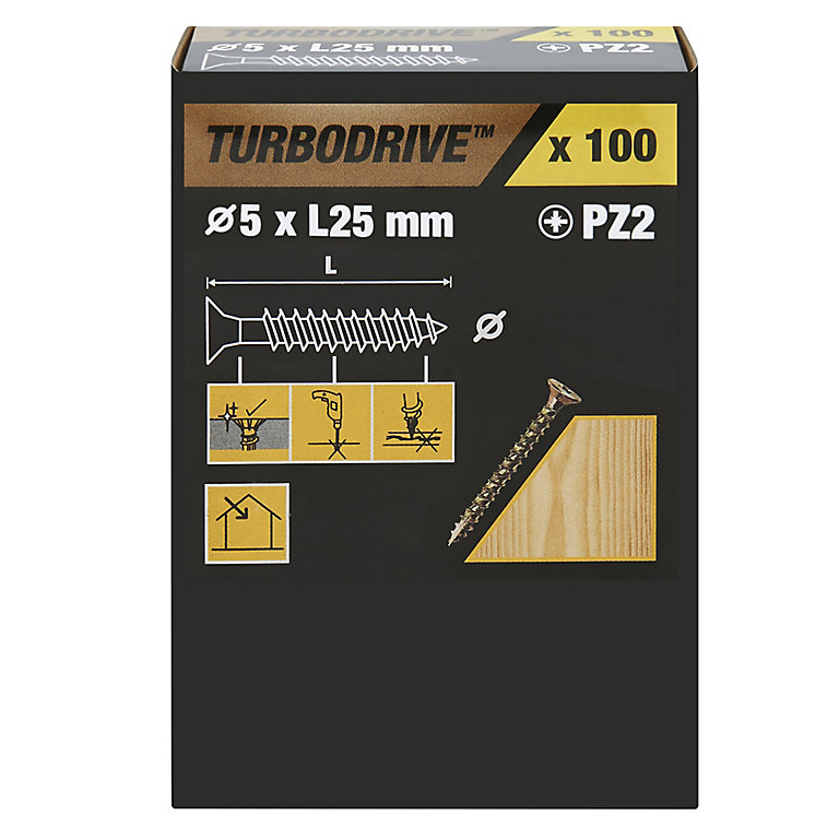Image of TurboDrive Pozidriv Yellow-passivated Steel Screw (Dia)5mm (L)25mm, Pack of 100