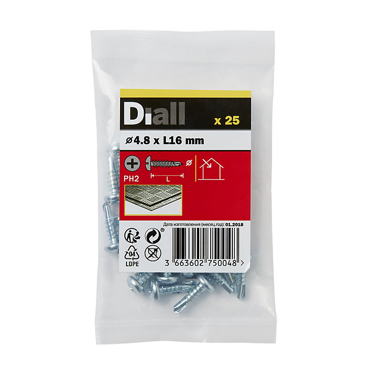 Image of Diall Phillips Pan head Zinc-plated Carbon steel (C1022) Self-drilling screw (Dia)4.8mm (L)16mm, Pack of 25