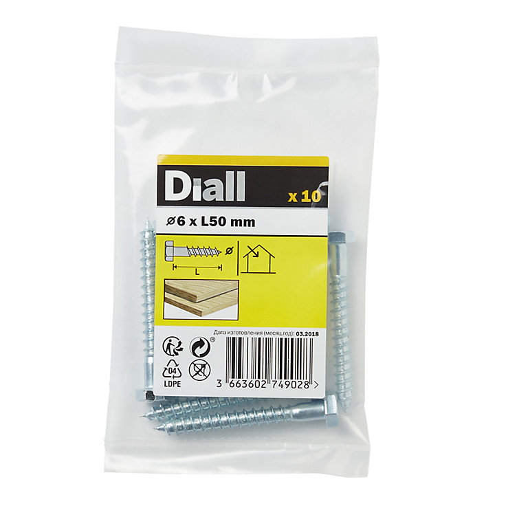 Image of Diall Hex Zinc-plated Carbon steel Coach screw (Dia)6mm (L)50mm, Pack of 10