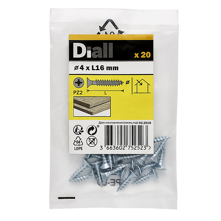 Product image for Diall Zinc-plated Carbon steel Screw (Dia)4mm (L)16mm, Pack of 20
