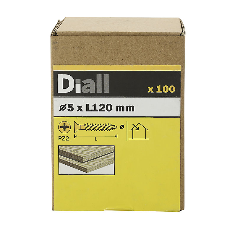 Product image for Diall Double-countersunk Yellow-passivated Carbon steel Screw (Dia)5mm (L)120mm, Pack of 100