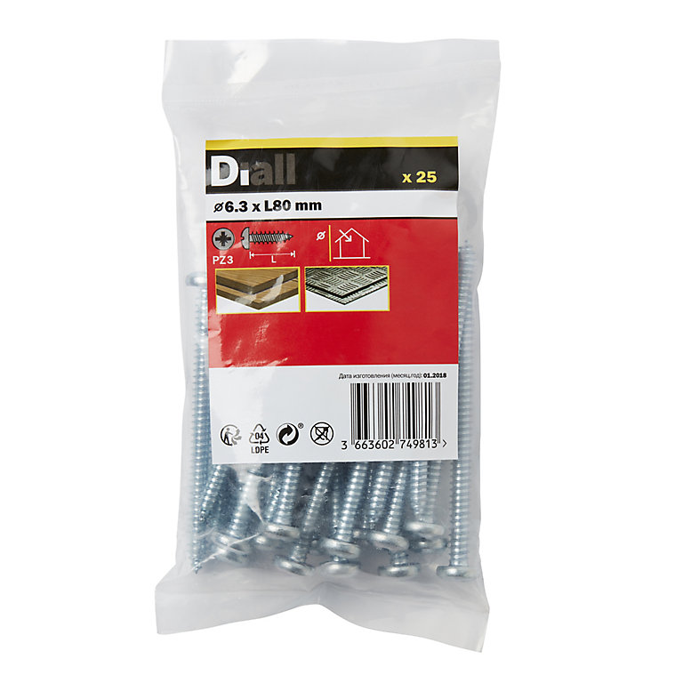Image of Diall Pozidriv Pan head Zinc-plated Carbon steel Screw (Dia)6.3mm (L)80mm, Pack of 25