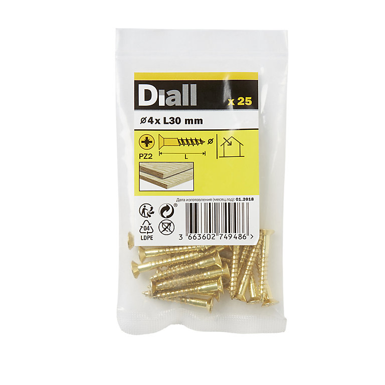 Image of Diall Pozidriv Brass Screw (Dia)4mm (L)30mm, Pack of 25