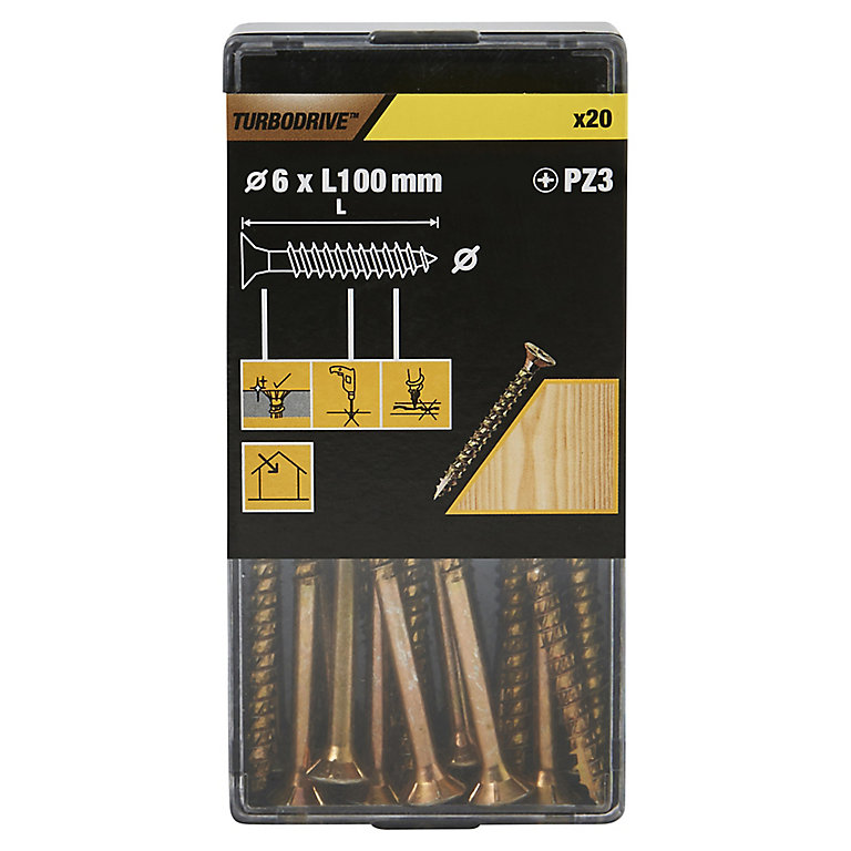 Product image for TurboDrive Pozidriv Yellow-passivated Steel Screw (Dia)6mm (L)100mm, Pack of 20