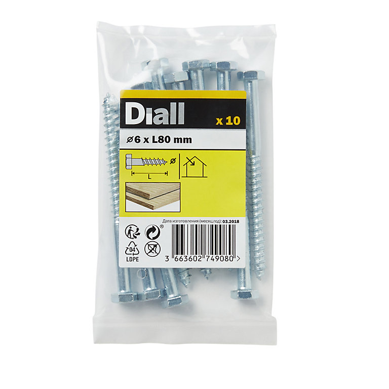 Product image for Diall Hex Zinc-plated Carbon steel Coach screw (Dia)6mm (L)80mm, Pack of 10