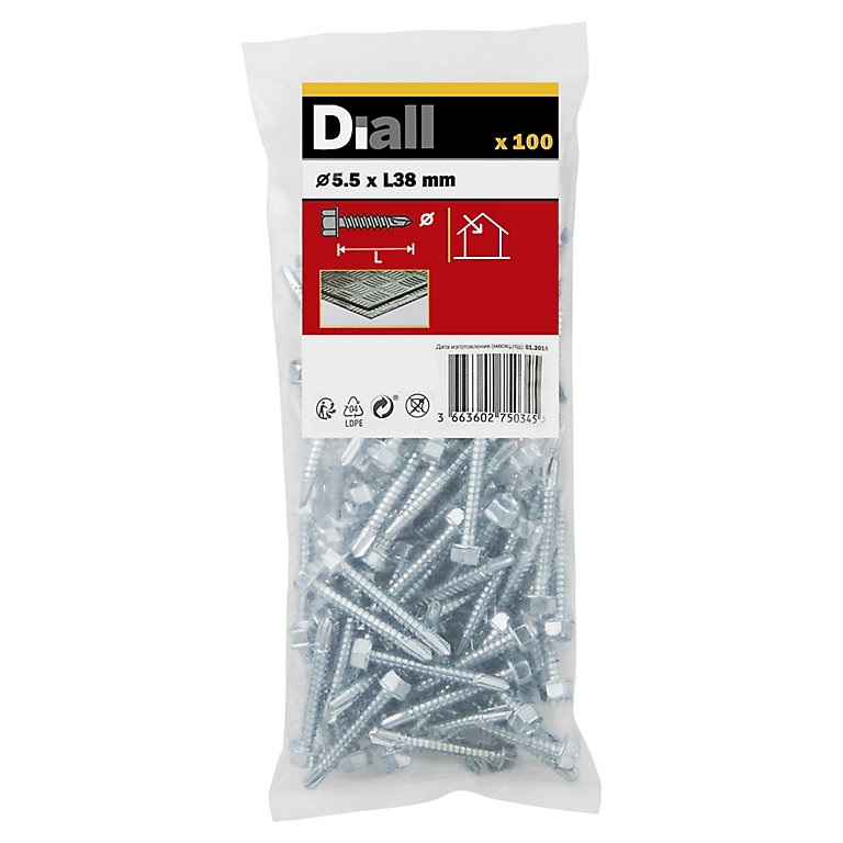 Image of Diall Hex Zinc-plated Carbon steel Screw (Dia)5.5mm (L)38mm, Pack of 100