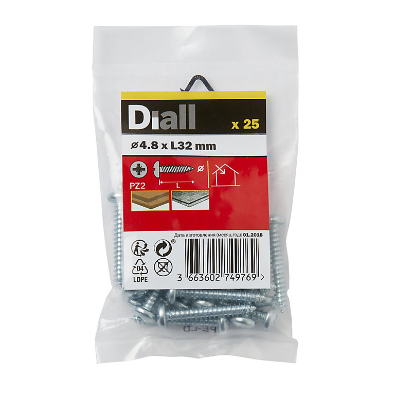 Image of Diall PZ Pan head Zinc-plated Hardened steel Self-drilling screw (Dia)4.8mm (L)32mm, Pack of 25