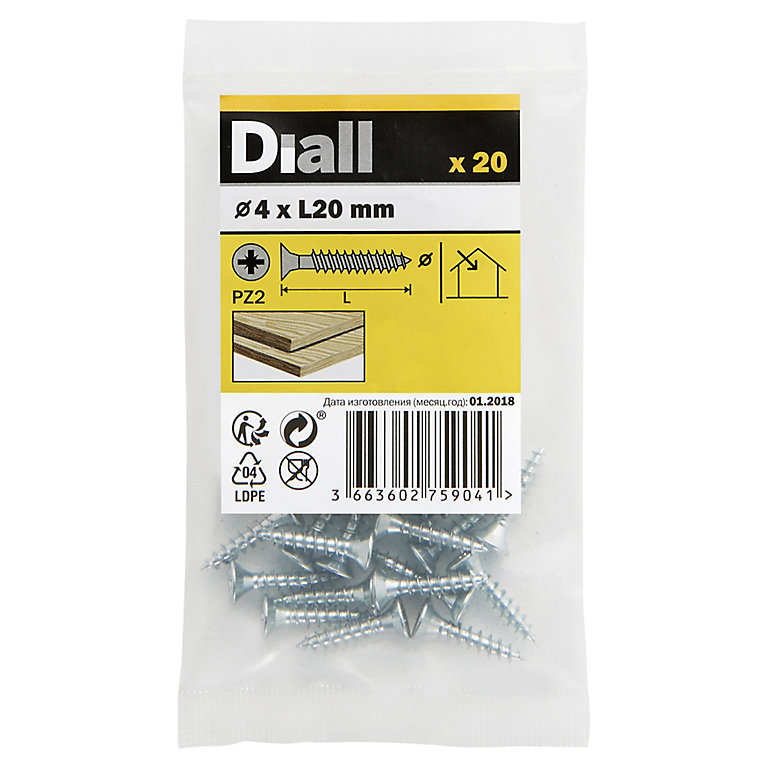 Product image for Diall Zinc-plated Carbon steel Screw (Dia)4mm (L)20mm, Pack of 20