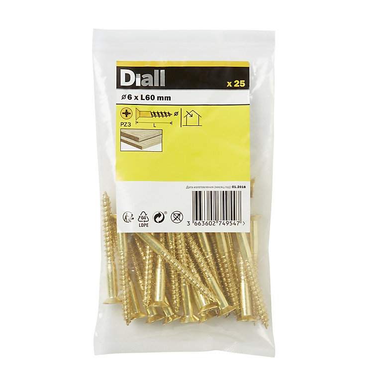 Image of Diall Pozidriv Brass Screw (Dia)6mm (L)60mm, Pack of 25