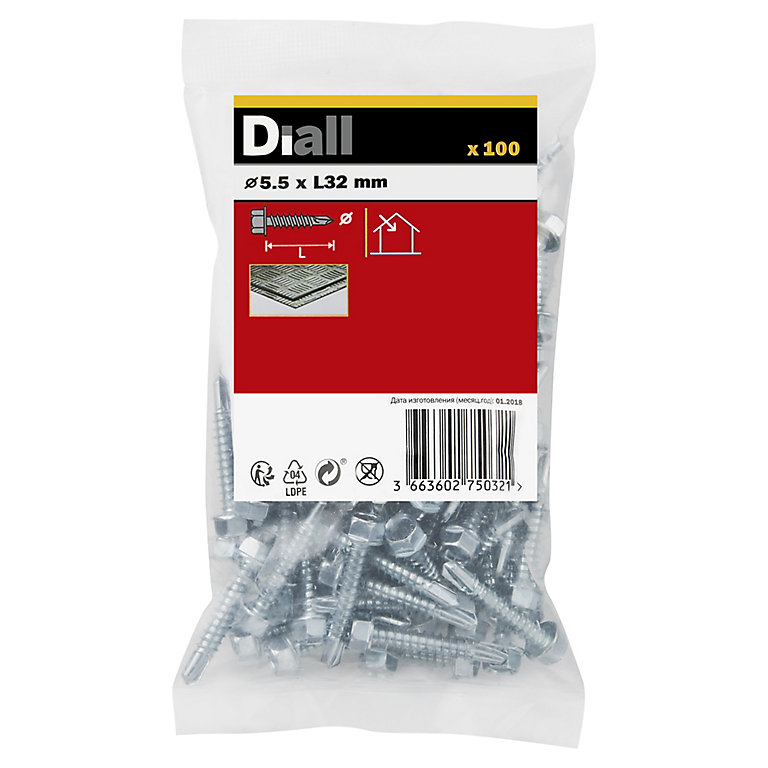 Product image for Diall Hex Zinc-plated Carbon steel Screw (Dia)5.5mm (L)32mm, Pack of 100