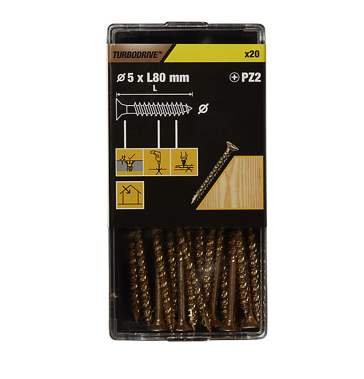 Product image for TurboDrive Pozidriv Yellow-passivated Steel Screw (Dia)5mm (L)80mm, Pack of 20