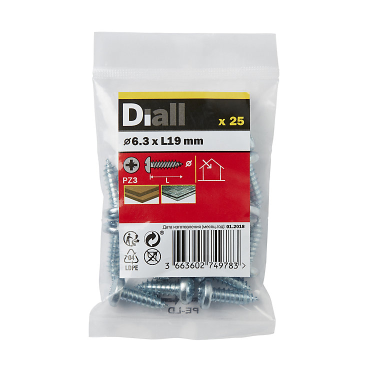 Image of Diall Pozidriv Pan head Zinc-plated Carbon steel Screw (Dia)6.3mm (L)19mm, Pack of 25