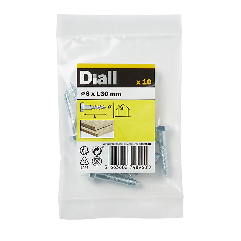 Product image for Diall Hex Zinc-plated Carbon steel Coach screw (Dia)6mm (L)30mm, Pack of 10
