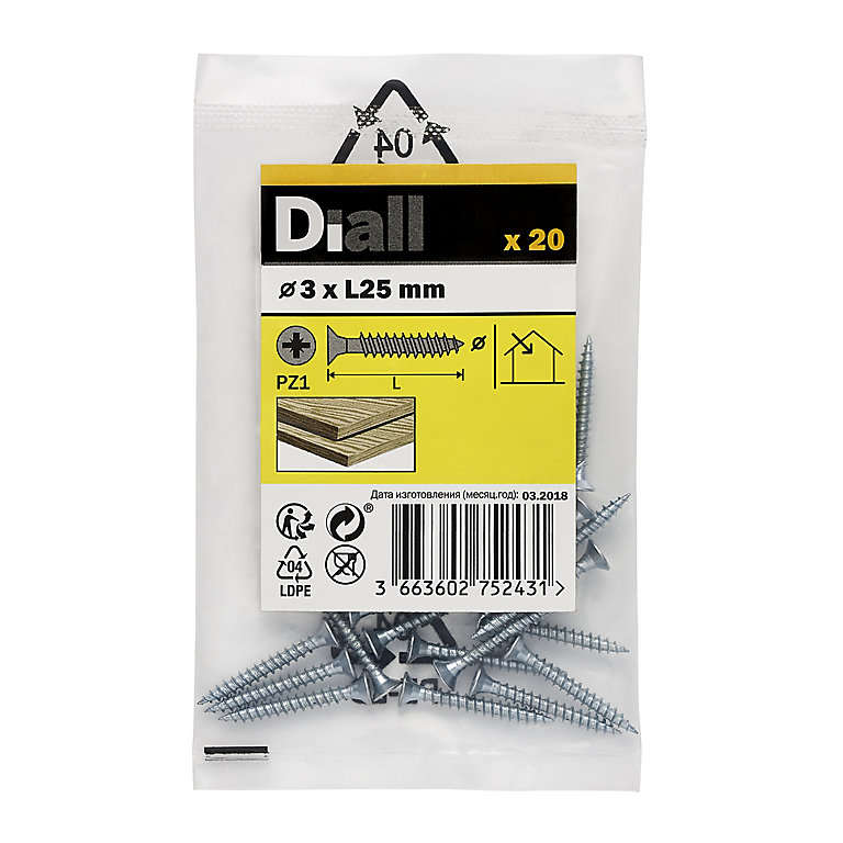 Product image for Diall Zinc-plated Carbon steel Screw (Dia)3mm (L)25mm, Pack of 20