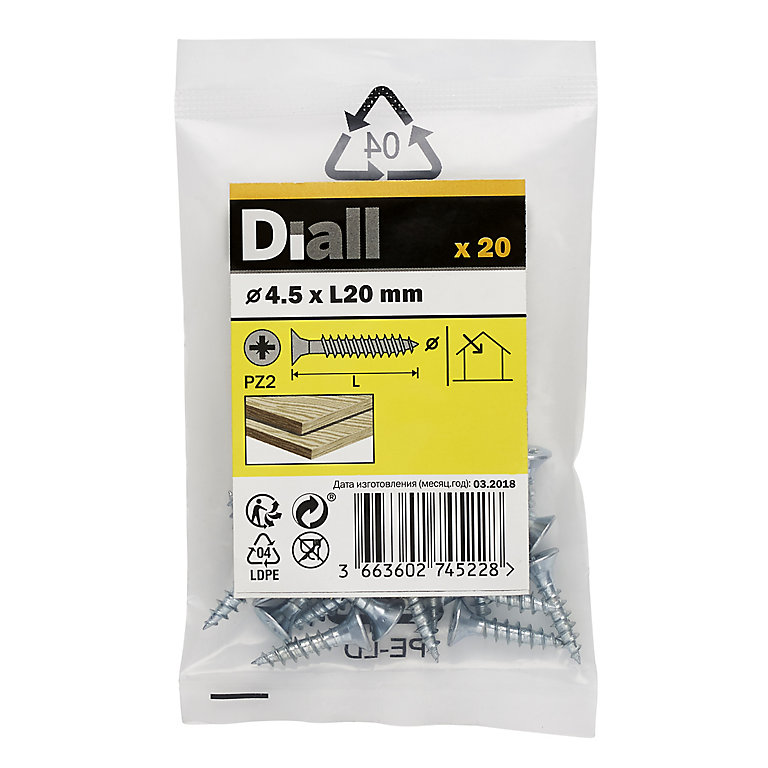 Image of Diall Zinc-plated Carbon steel Screw (Dia)4.5mm (L)20mm, Pack of 20