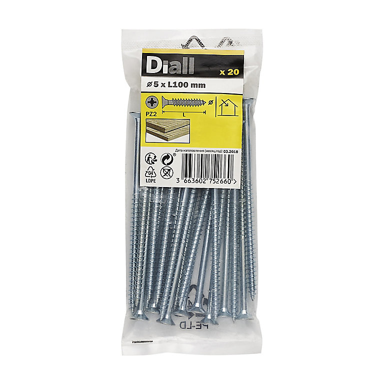 Product image for Diall Zinc-plated Carbon steel Screw (Dia)5mm (L)100mm, Pack of 20