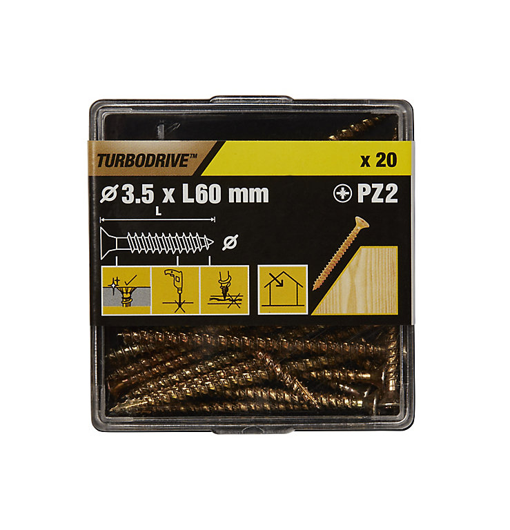 Product image for TurboDrive Pozidriv Yellow-passivated Steel Screw (Dia)3.5mm (L)60mm, Pack of 20
