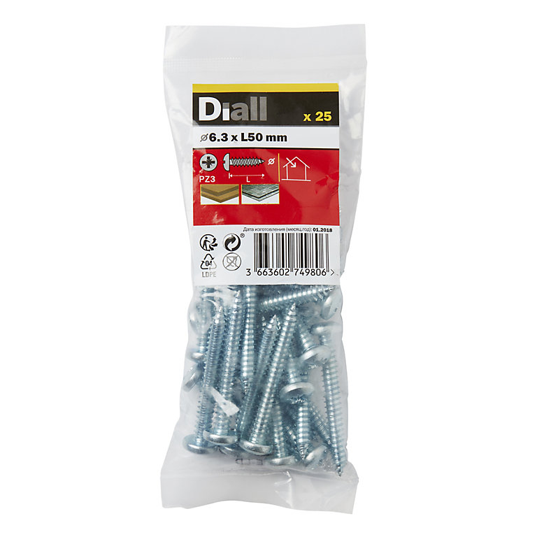 Image of Diall Pozidriv Pan head Zinc-plated Carbon steel Screw (Dia)6.3mm (L)50mm, Pack of 25