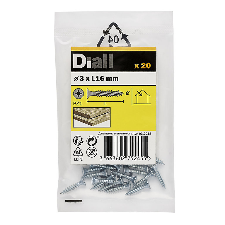 Product image for Diall Zinc-plated Carbon steel Screw (Dia)3mm (L)16mm, Pack of 20