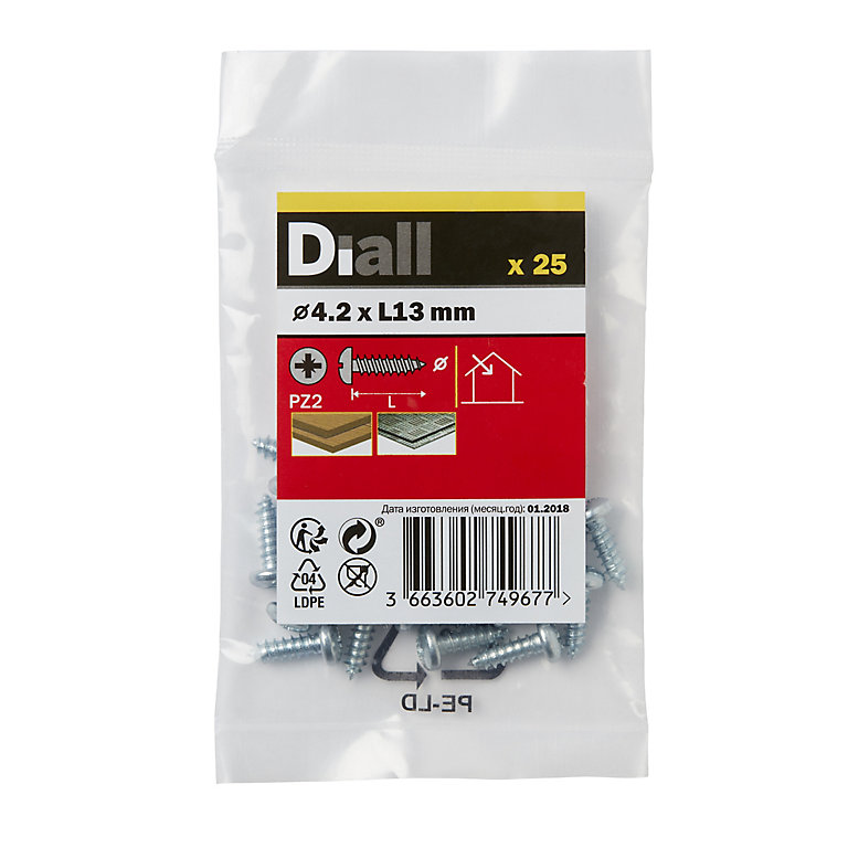 Product image for Diall Pozidriv Pan head Zinc-plated Carbon steel Screw (Dia)4.2mm (L)13mm, Pack of 25