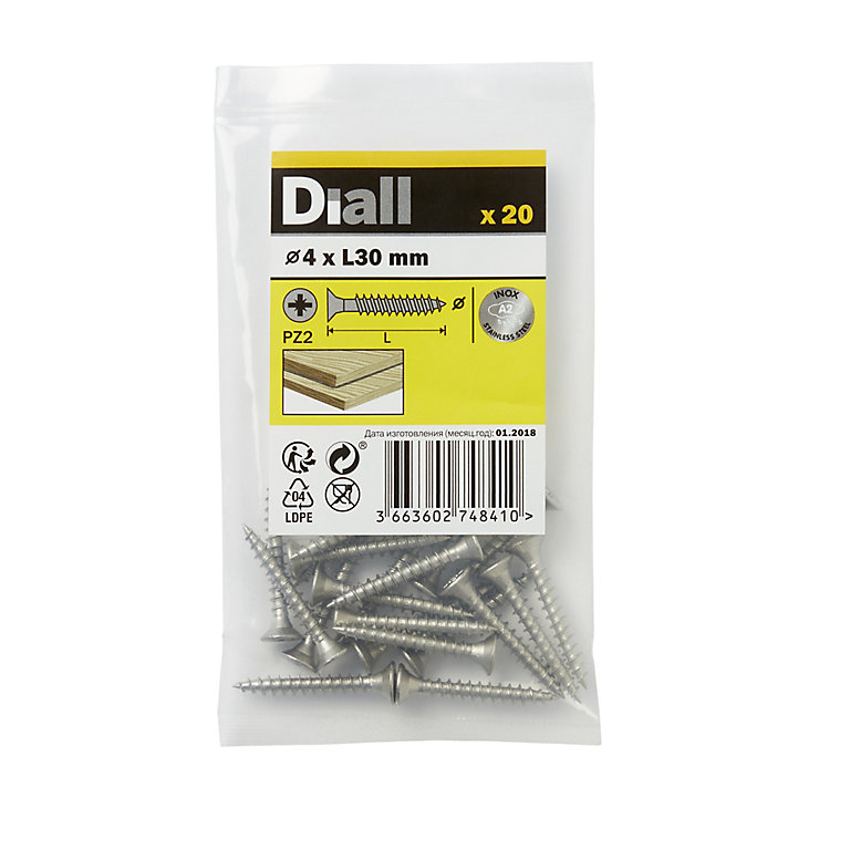Image of Diall Pozidriv Stainless steel Screw (Dia)4mm (L)30mm, Pack of 20