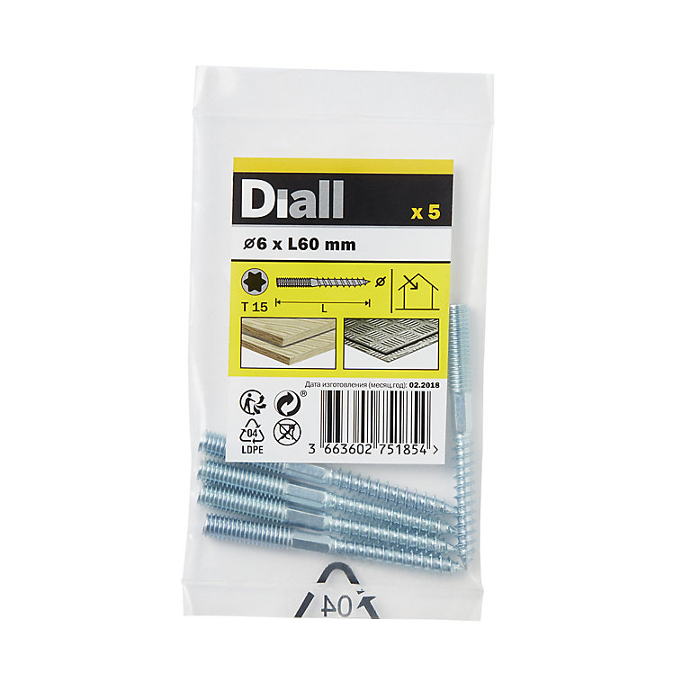 Image of Diall TX15 Yellow-passivated Carbon steel Dowel screw (Dia)6mm (L)60mm, Pack of 5
