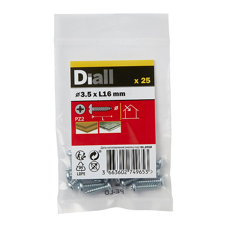 Product image for Diall PZ Pan head Zinc-plated Hardened steel Self-drilling screw (Dia)3.5mm (L)16mm, Pack of 25