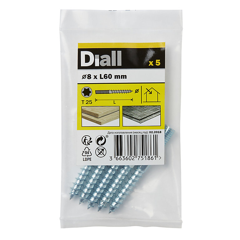 Image of Diall TX25 Yellow-passivated Carbon steel Dowel screw (Dia)8mm (L)60mm, Pack of 5