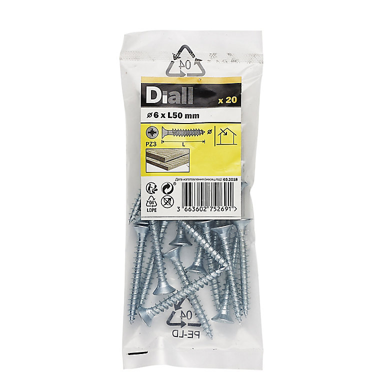 Product image for Diall Zinc-plated Carbon steel Screw (Dia)6mm (L)50mm, Pack of 20