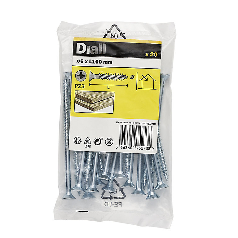 Product image for Diall Zinc-plated Carbon steel Screw (Dia)6mm (L)100mm, Pack of 20