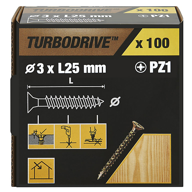 Image of TurboDrive Pozidriv Yellow-passivated Steel Screw (Dia)3mm (L)25mm, Pack of 100