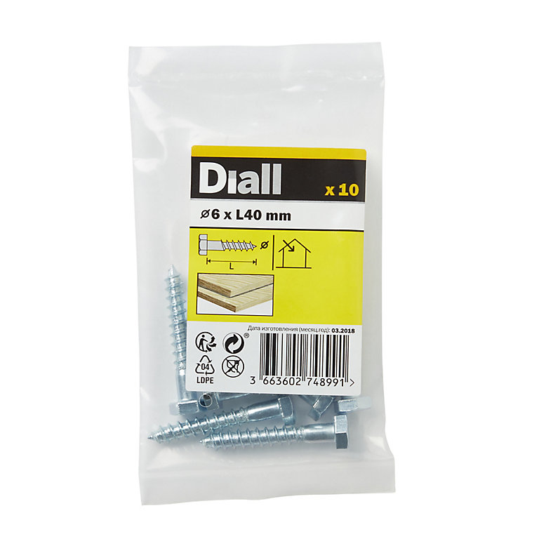 Product image for Diall Hex Zinc-plated Carbon steel Coach screw (Dia)6mm (L)40mm, Pack of 10