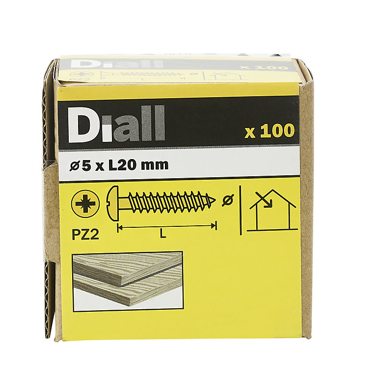 Product image for Diall PZ Pan head Yellow-passivated Steel Wood screw (Dia)5mm (L)20mm, Pack of 100
