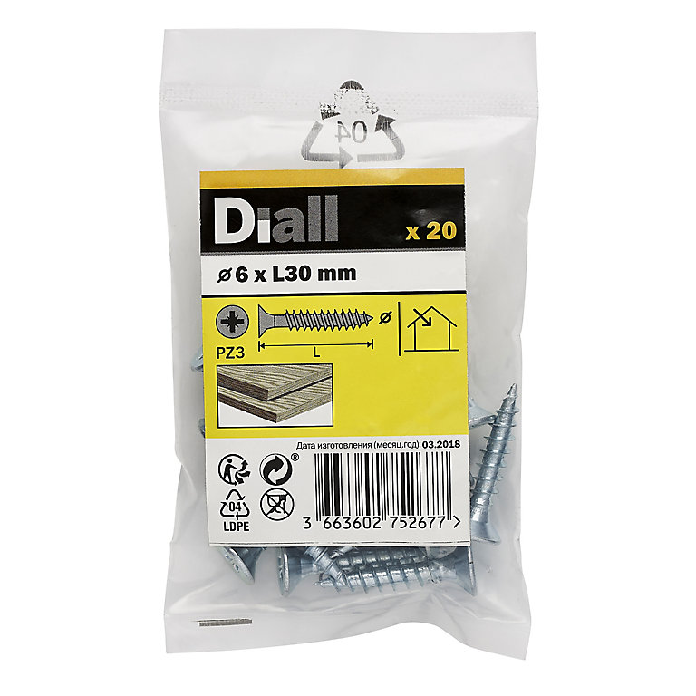 Product image for Diall Zinc-plated Carbon steel Screw (Dia)6mm (L)30mm, Pack of 20