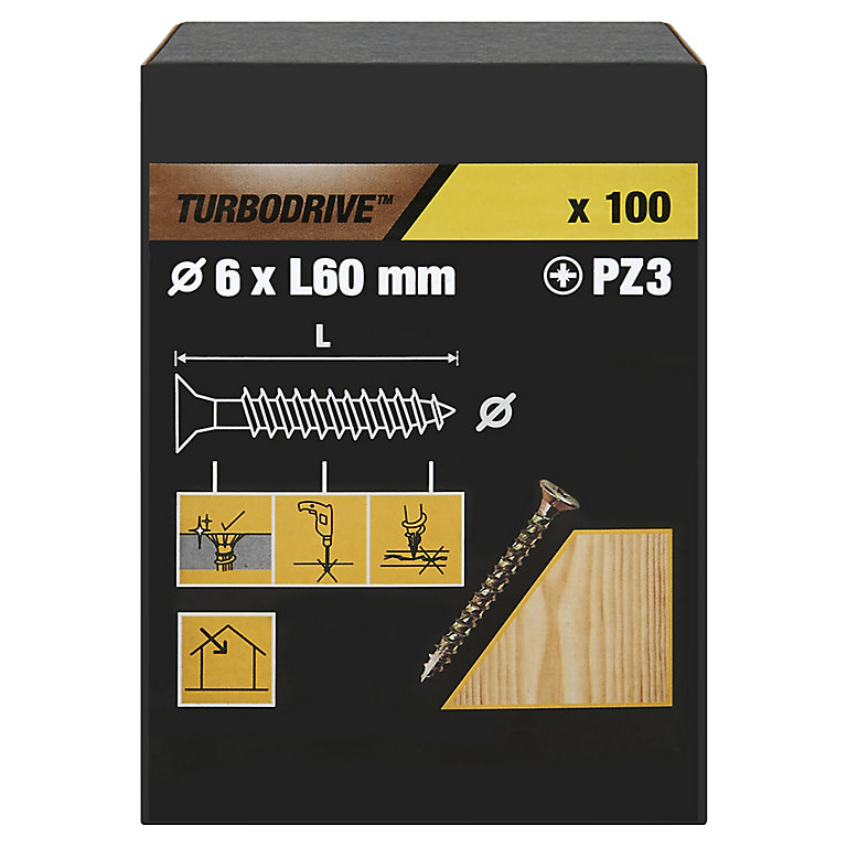 Product image for TurboDrive PZ Double-countersunk Yellow-passivated Steel Wood screw (Dia)6mm (L)60mm, Pack of 100
