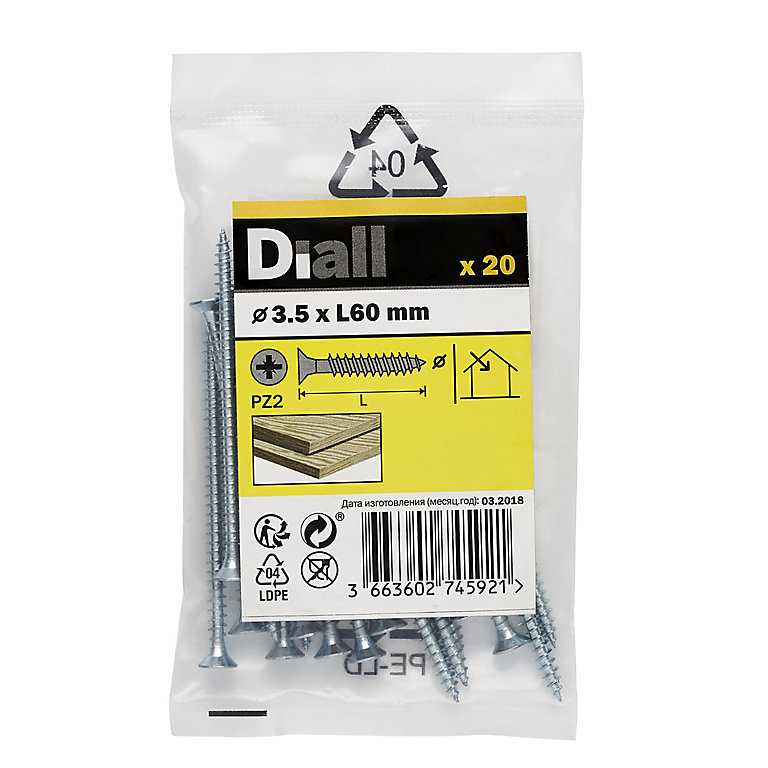 Product image for Diall Zinc-plated Carbon steel Screw (Dia)3.5mm (L)60mm, Pack of 20