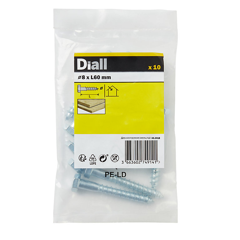 Product image for Diall Hex Zinc-plated Carbon steel Coach screw (Dia)8mm (L)60mm, Pack of 10