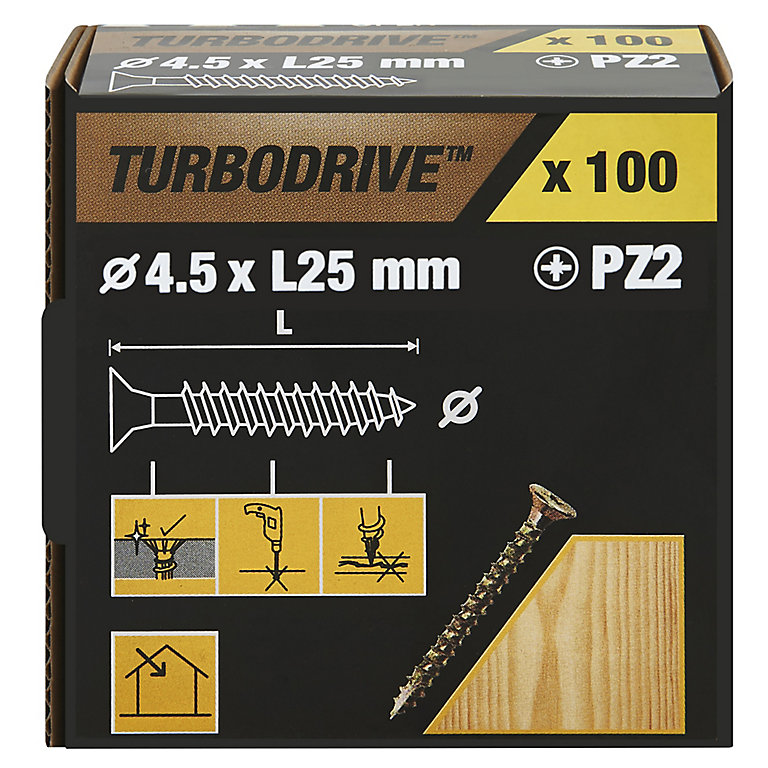 Product image for TurboDrive Pozidriv Yellow-passivated Steel Screw (Dia)4.5mm (L)25mm, Pack of 100