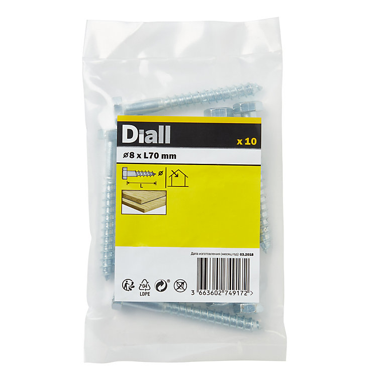 Product image for Diall Hex Zinc-plated Carbon steel Coach screw (Dia)8mm (L)70mm, Pack of 10