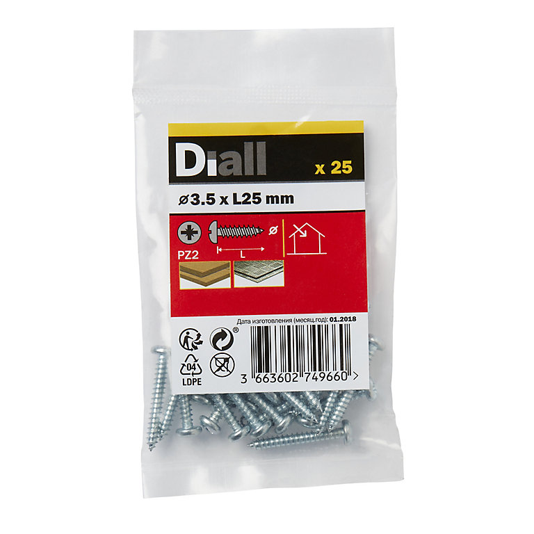 Product image for Diall Pozidriv Pan head Zinc-plated Carbon steel Screw (Dia)3.5mm (L)25mm, Pack of 25