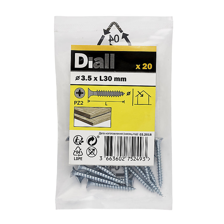 Product image for Diall Zinc-plated Carbon steel Screw (Dia)3.5mm (L)30mm, Pack of 20
