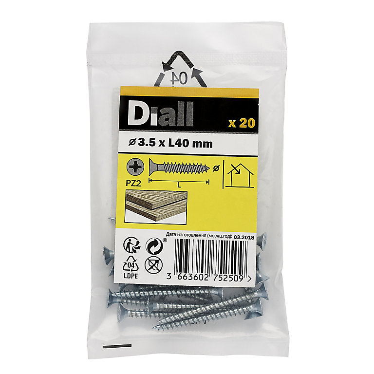 Product image for Diall Zinc-plated Carbon steel Screw (Dia)3.5mm (L)40mm, Pack of 20
