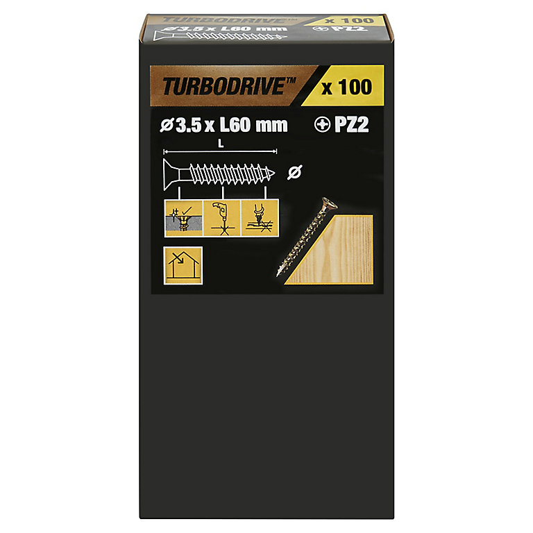 Product image for TurboDrive Pozidriv Yellow-passivated Steel Screw (Dia)3.5mm (L)60mm, Pack of 100