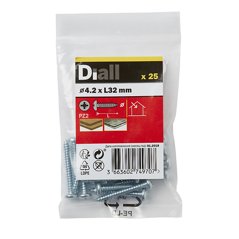 Product image for Diall PZ Pan head Zinc-plated Hardened steel Self-drilling screw (Dia)4.2mm (L)32mm, Pack of 25