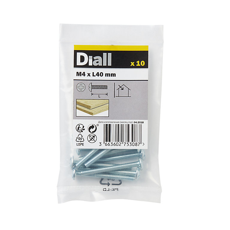 Image of Diall Pan head Zinc-plated Carbon steel Drawer knob Screw (Dia)4mm (L)40mm, Pack of 10