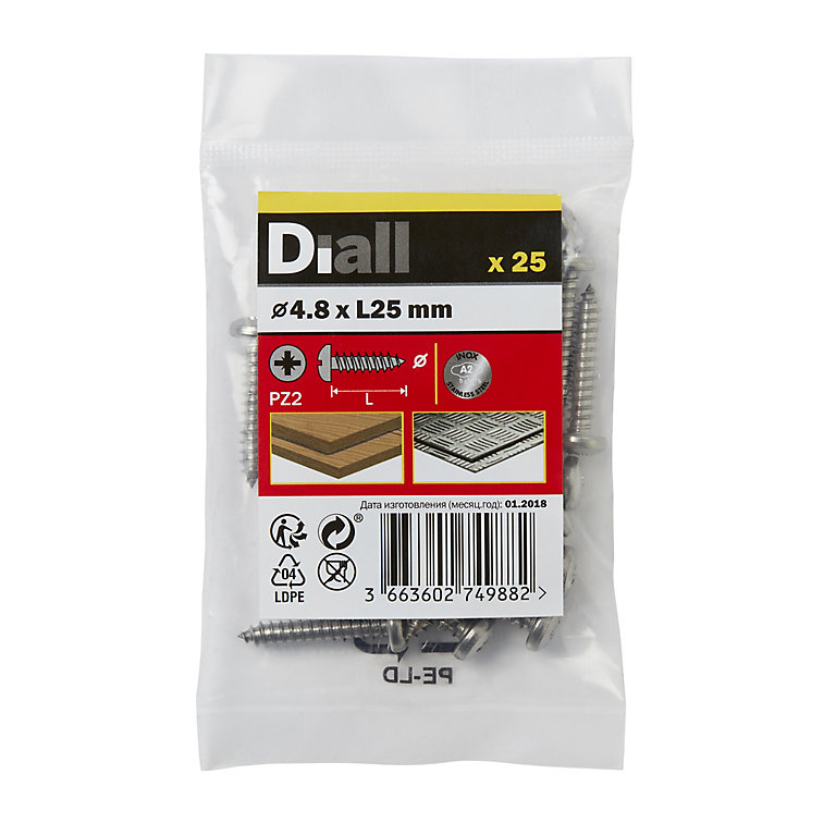 Image of Diall Pozidriv Pan head A2 stainless steel Screw (Dia)4.8mm (L)25mm, Pack of 25