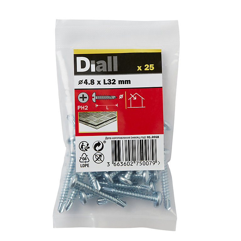 Product image for Diall Phillips Pan head Zinc-plated Carbon steel (C1022) Self-drilling screw (Dia)4.8mm (L)32mm, Pack of 25