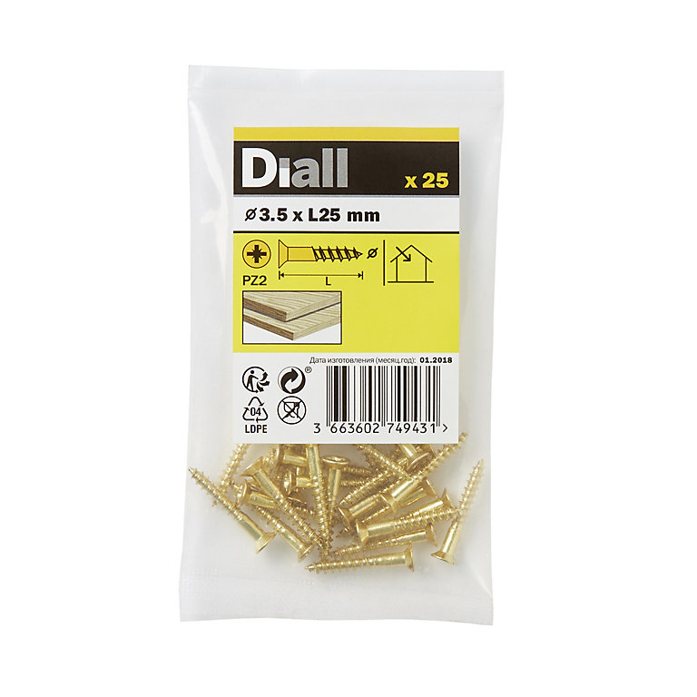 Image of Diall Pozidriv Brass Screw (Dia)3.5mm (L)25mm, Pack of 25