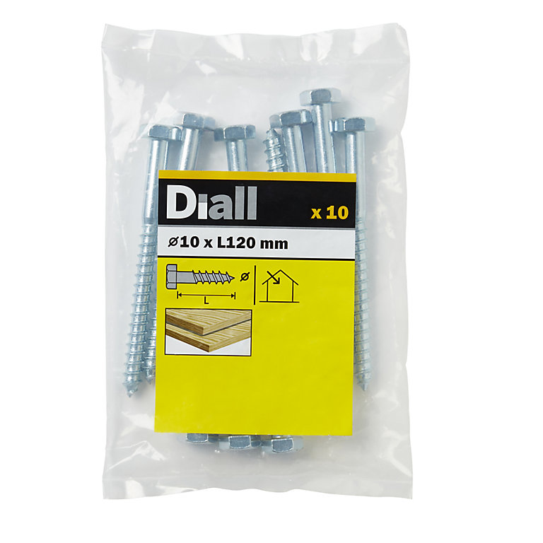 Product image for Diall Hex Zinc-plated Carbon steel Coach screw (Dia)10mm (L)120mm, Pack of 10