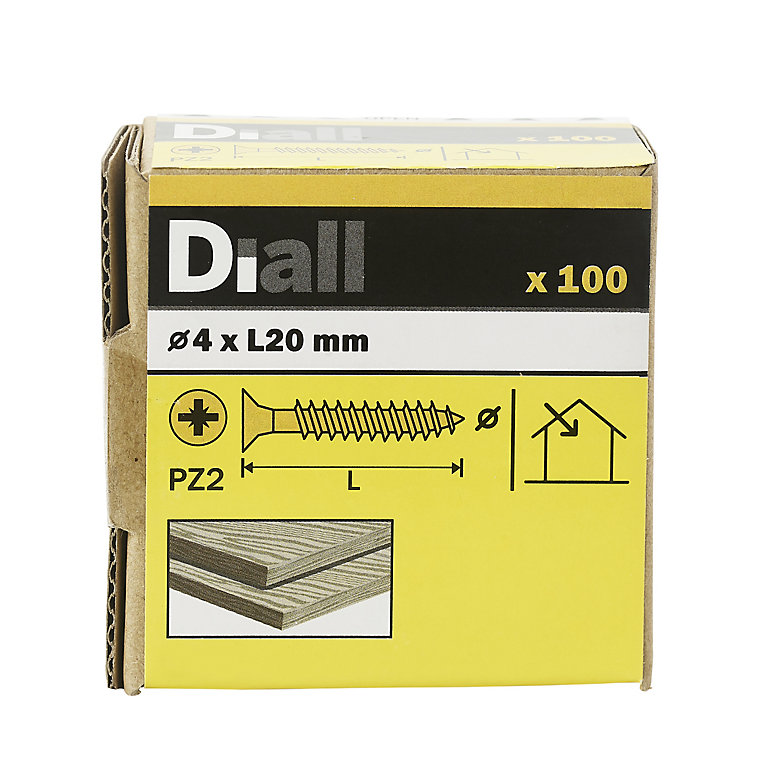 Product image for Diall PZ Double-countersunk Yellow-passivated Steel Wood screw (Dia)4mm (L)20mm, Pack of 100